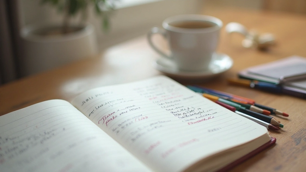Detailaufnahme von Notizbuch mit handschriftlicher Planung, bunten Stiften und Wecker auf Schreibtisch