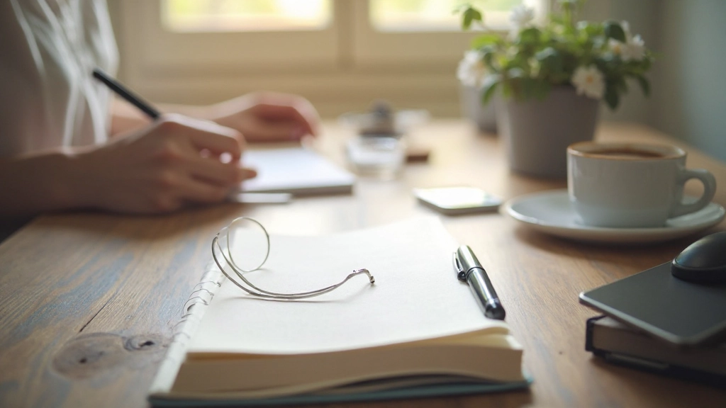 Sauberer organisierter Schreibtisch mit offenem Notizbuch und Stift, Morgenplanung