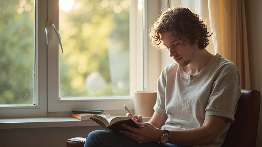 Person blickt fokussiert auf Notizbuch während Morgenplanung, helles Tageslicht, ruhige Atmosphäre