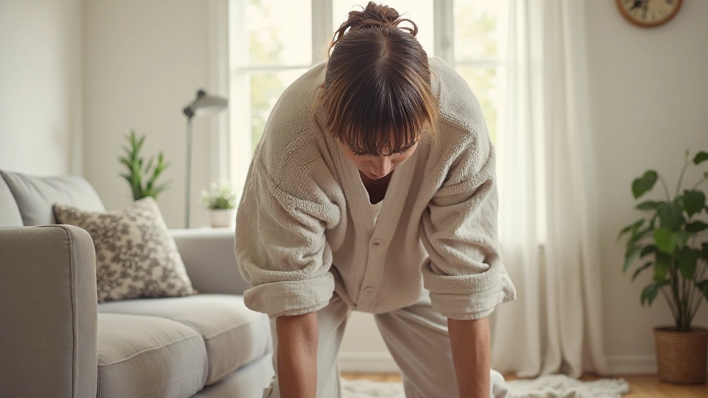 Person dehnt sich nach vorne, berührt die Zehen in einem hellen Wohnzimmer mit Fenster