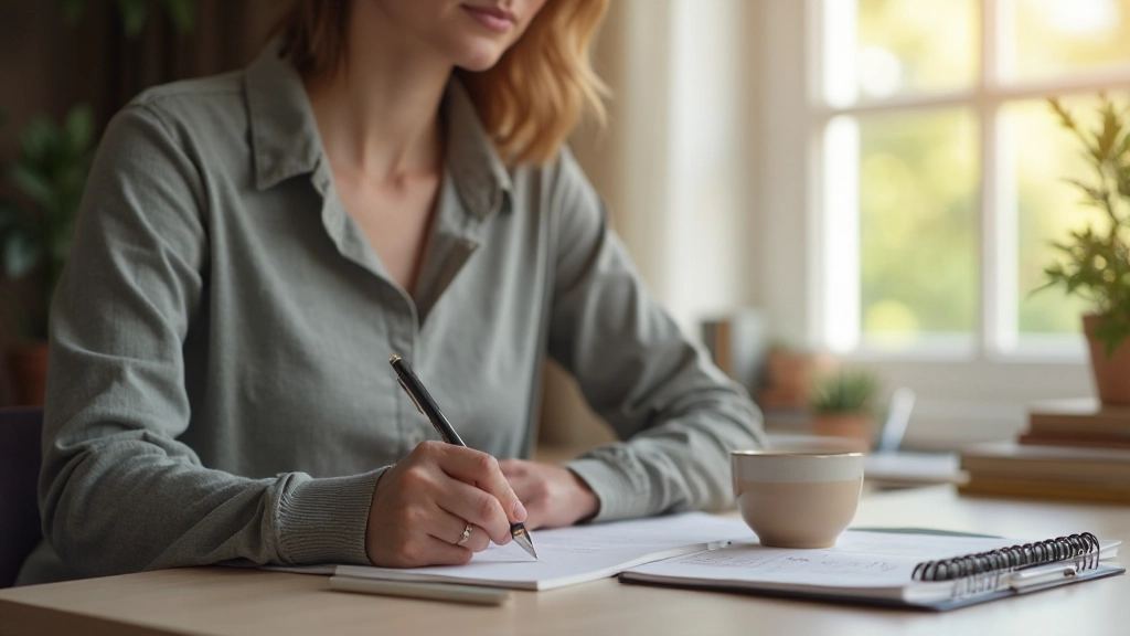 Person sitzt am Morgen mit Kaffee und Notizbuch am Schreibtisch, schreibt Tagesziele auf