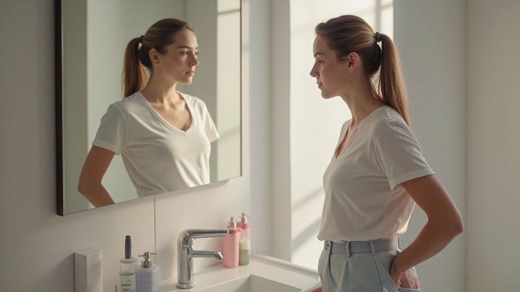 Person am Badezimmerspiegel mit Morgenlichtstrahlen, friedliche Atmosphäre