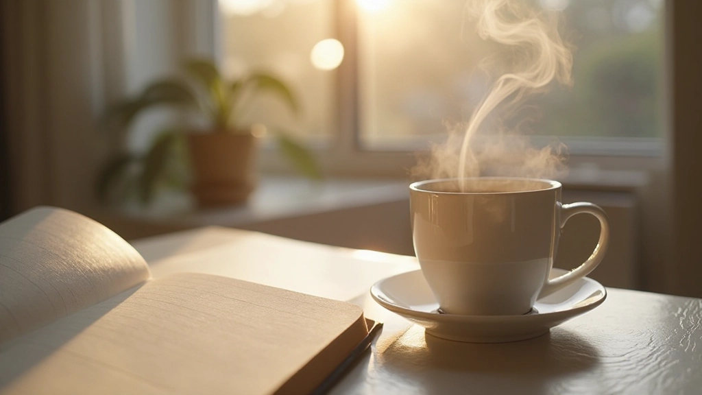 Tasse Tee oder Kaffee neben einem Notizbuch auf einem ruhigen Morgenarbeitsplatz mit natürlichem Licht