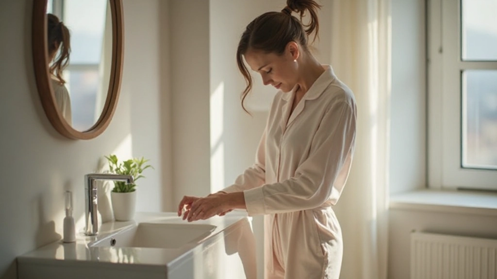 Person am Badezimmerspiegel morgens mit Tageslicht, entspannte Morgenroutine