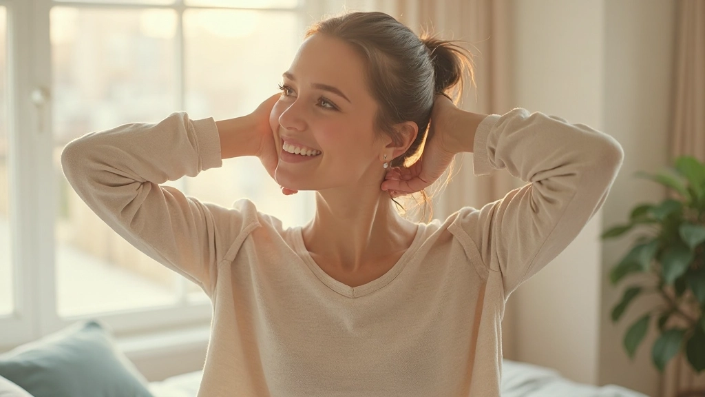 Person führt Nackenrollen und Schulterdehnungen im Schlafzimmer durch, helles Morgenlicht