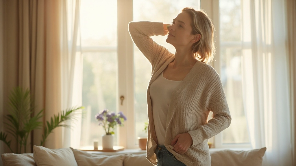 Person in gemütlicher Homewear beim Dehnen am Morgen mit Tageslicht