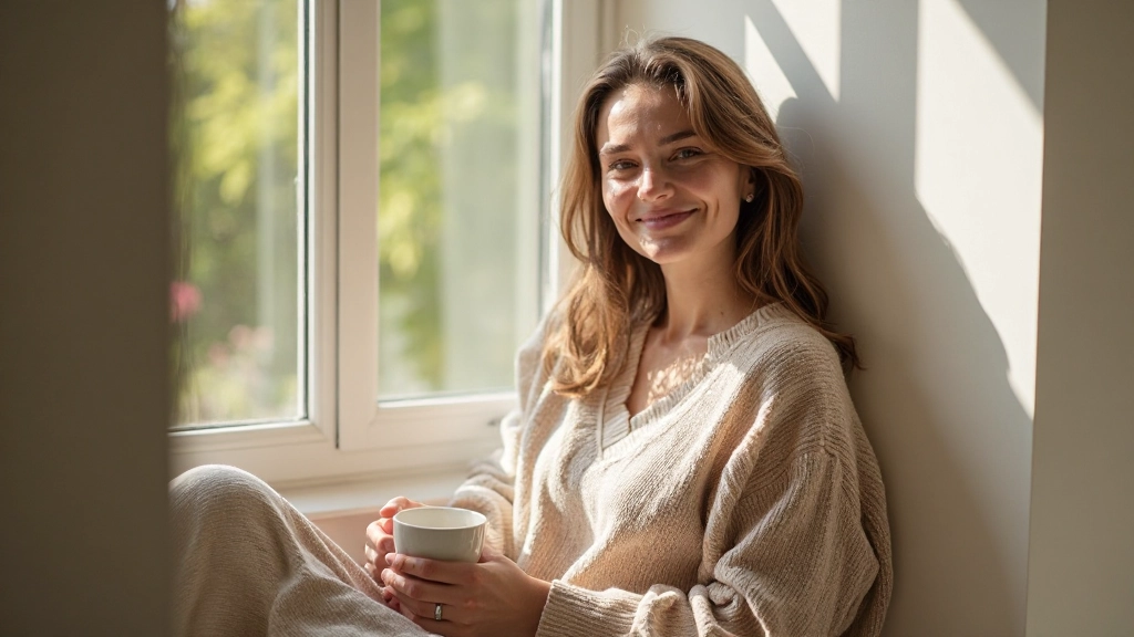 Person sitzt entspannt am Fenster mit Kaffee, helles Morgenlicht, entspannte Körperhaltung