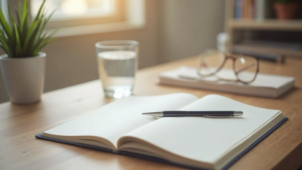 Aufgeräumter Schreibtisch mit Planungstagebuch, Stift und Tasse auf weißem Hintergrund