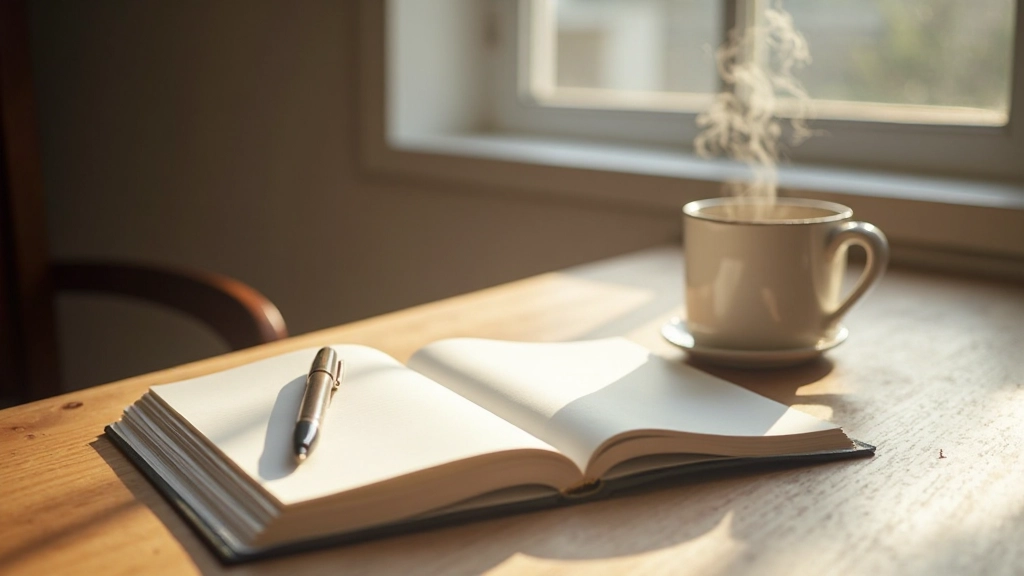 Minimalistischer Schreibtisch am Morgen mit Notizbuch, Tasse Kaffee und Stift in natürlichem Licht